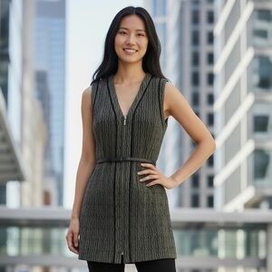 VINTAGE DONCASTER CLASSIC KHAKI & BLACK FULL ZIP MINI DRESS/ LONG VEST SIZE S